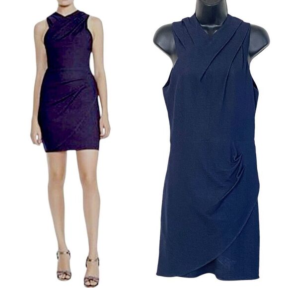 Halston Heritage Stretch Dark Denim Faux Wrap Sleeveless Bodycon Mini Dress Sz 4 - Picture 1 of 16